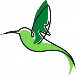 Stilisiertes Logo eines grünen Kolibris mit schwarzer Kontur