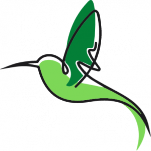 Stilisiertes Logo eines grünen Kolibris mit schwarzer Kontur