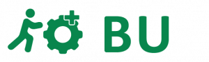 Grünes Logo mit einer Figur, einem Zahnrad und einem Pluszeichen, Text "BU"
